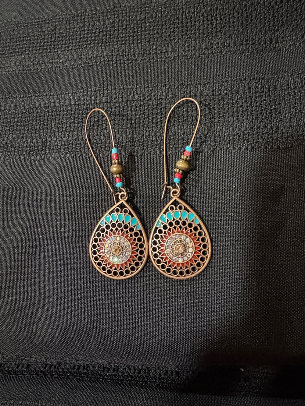 Bohemian Teardrop Filigree Earrings in Turquoise and Red